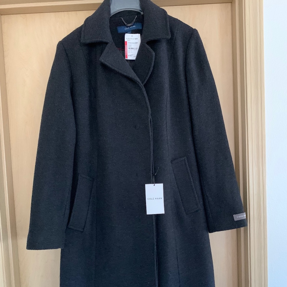 NWT Cole Haan Charcoal Black Wool Trench Coat Size 12